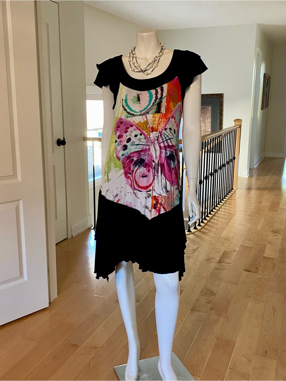 Simon Chang Black Dress with Multicolor Butterfly Panel